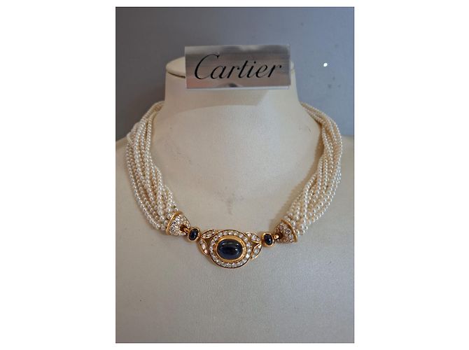 Cartier collana di perle con motivo centrale in zaffiri e circondato da brillanti Gold hardware - vista 4