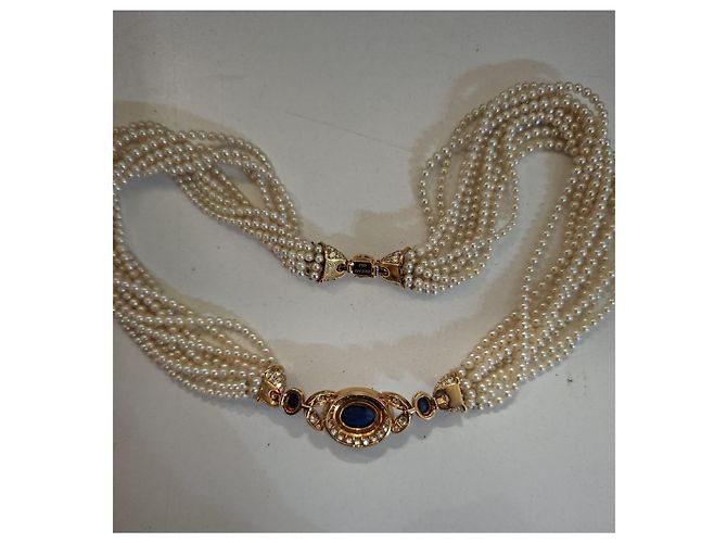 Cartier collana di perle con motivo centrale in zaffiri e circondato da brillanti Gold hardware - vista 5