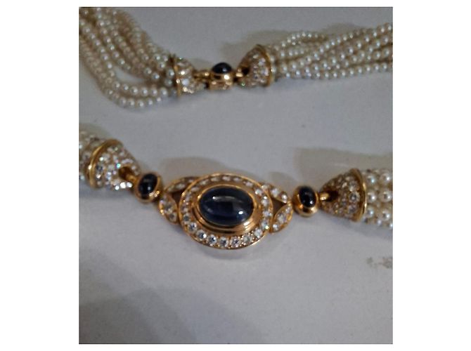 Cartier collana di perle con motivo centrale in zaffiri e circondato da brillanti Gold hardware - vista 6