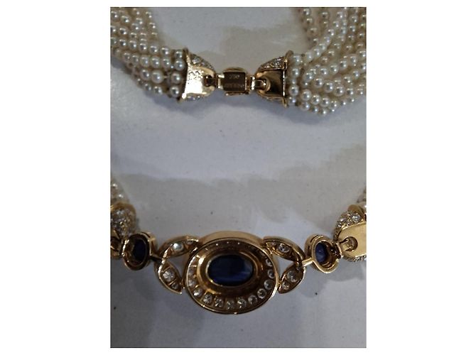 Cartier collana di perle con motivo centrale in zaffiri e circondato da brillanti Gold hardware - vista 7
