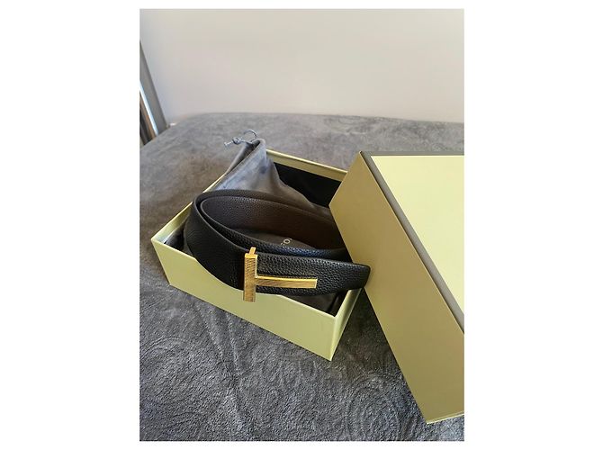Tom Ford black leather belt with gold T buckle Golden - view 2