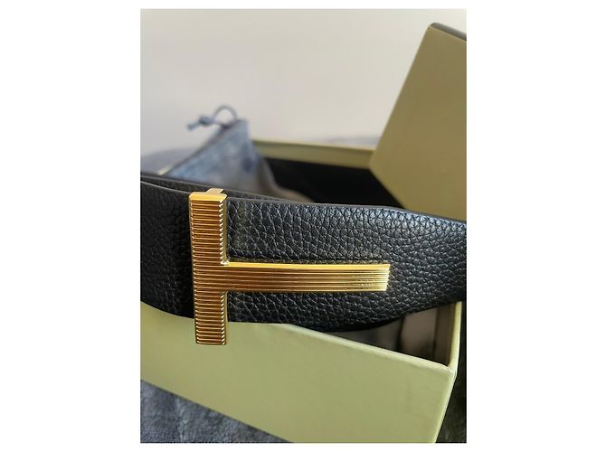 Tom Ford black leather belt with gold T buckle Golden - view 3