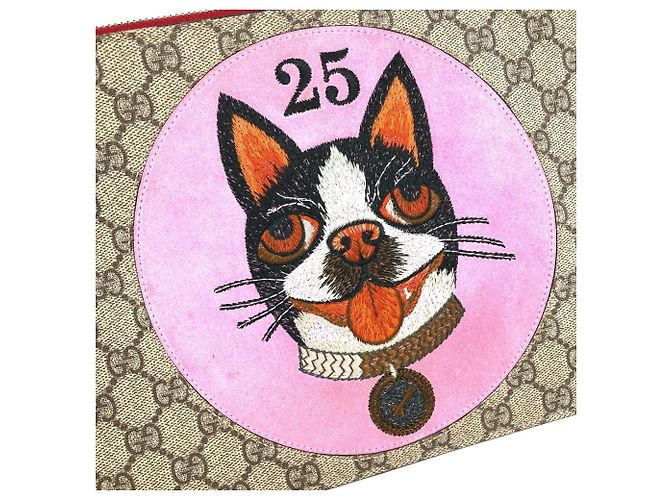 Clutch Gucci GG Supreme Dog Bosco Appliqué Rosso Beige - vista 8