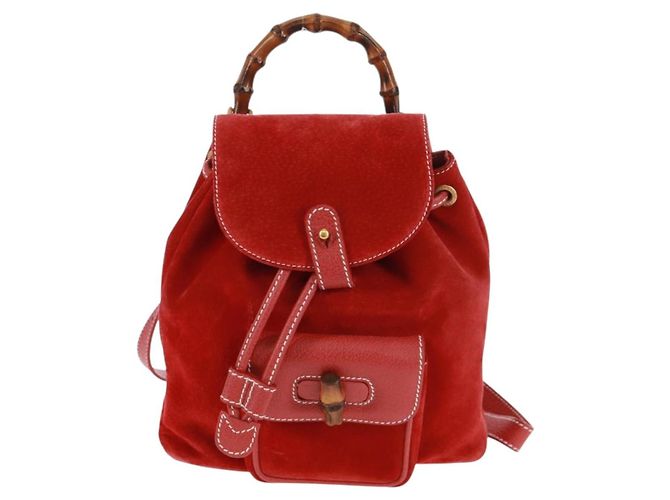 Bamboo GUCCI Bambus-Rucksack Wildleder Rot Gold 003 1998 0030 Auth gh1510 Golden - Ansicht 13