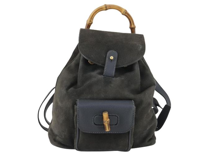 Zaino in suede Gucci Bamboo blu navy oro 003 1705 0030 Auth 158464 D'oro - vista 13