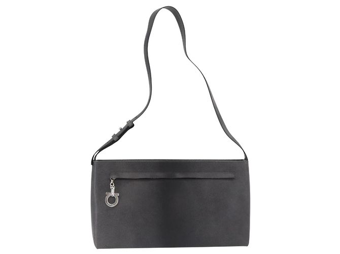 Borsa a Spalla Gancini in Pelle Grigia Argento Salvatore Ferragamo Auth hk3307 - vista 13