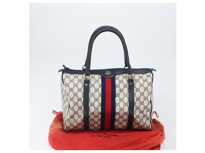 Gucci Borsa Boston Mini Sherry Line GG Supreme in PVC Navy Gold Auth am10364 D'oro Blu navy - vista 12