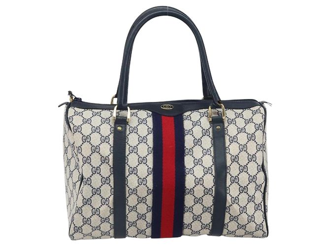 Gucci Borsa Boston Mini Sherry Line GG Supreme in PVC Navy Gold Auth am10364 D'oro Blu navy - vista 13