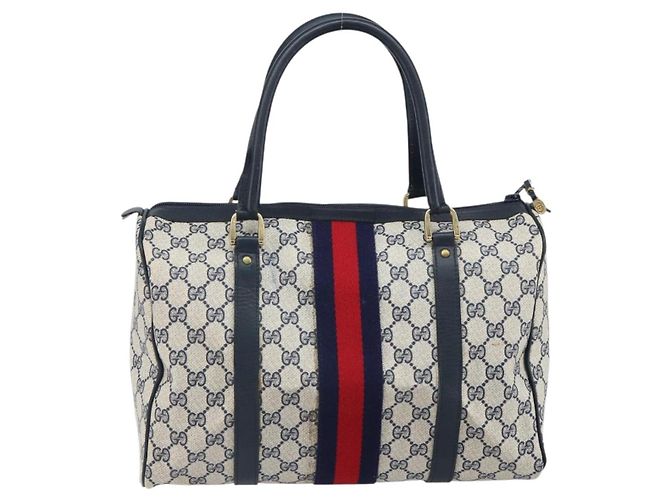 Gucci Borsa Boston Mini Sherry Line GG Supreme in PVC Navy Gold Auth am10364 D'oro Blu navy - vista 2