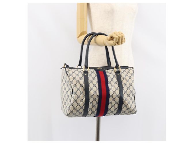 Gucci Borsa Boston Mini Sherry Line GG Supreme in PVC Navy Gold Auth am10364 D'oro Blu navy - vista 23
