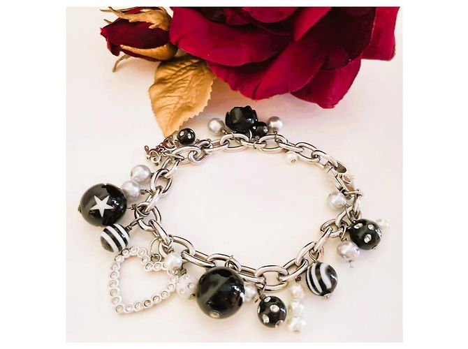 Parure DOLCE & GABBANA collana bracciale perle nere e bianche, cuore con swarovski, rosa e altri charms Nero Argento Bianco - vista 3