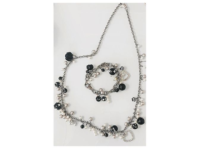 Parure DOLCE & GABBANA collana bracciale perle nere e bianche, cuore con swarovski, rosa e altri charms Nero Argento Bianco - vista 7