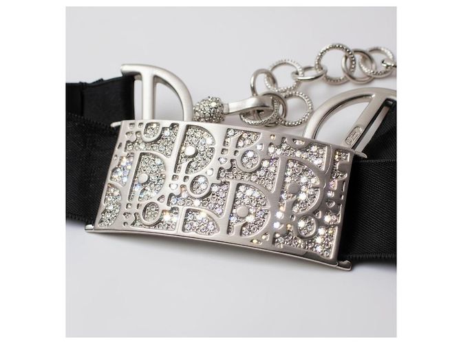 Collana choker Trotter rara in metallo argento e seta di Dior John Galliano con cristalli Nero - vista 2