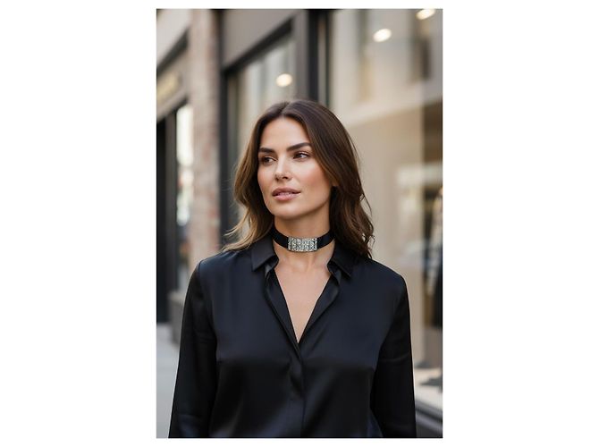 Collana choker Trotter rara in metallo argento e seta di Dior John Galliano con cristalli Nero - vista 3