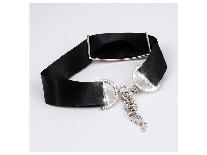 Collana choker Trotter rara in metallo argento e seta di Dior John Galliano con cristalli Nero - vista 4