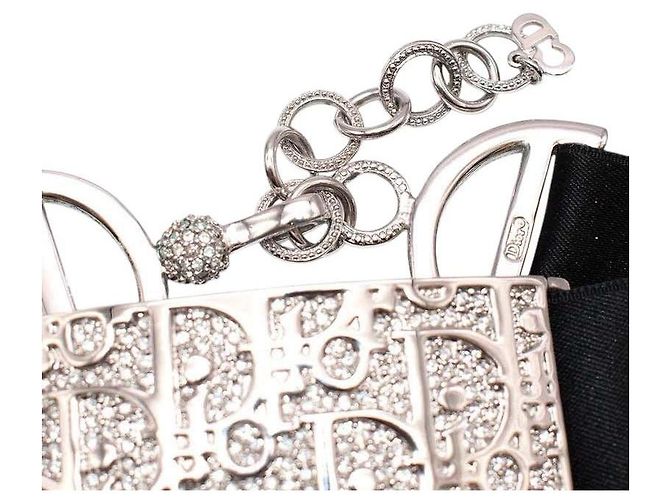 Collana choker Trotter rara in metallo argento e seta di Dior John Galliano con cristalli Nero - vista 5