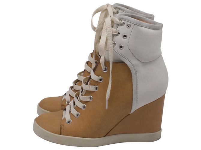 Sneakers alte con zeppa See by Chloé in pelle marrone e bianca Rosso - vista 4
