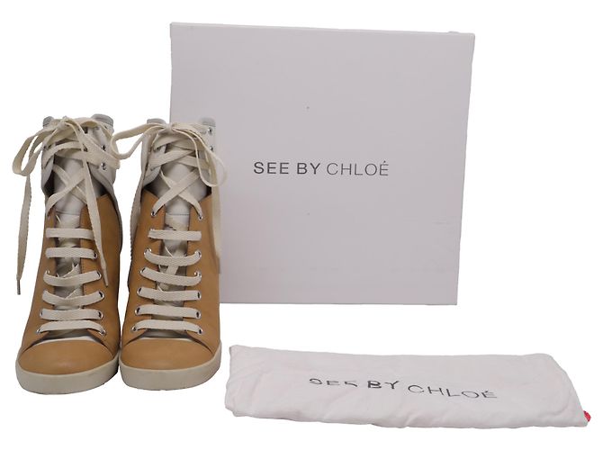 Sneakers alte con zeppa See by Chloé in pelle marrone e bianca Rosso - vista 7