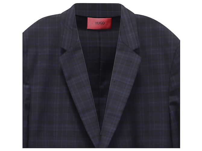 Hugo Boss Plaid Suit Jacket Blazer in Navy Blue Wool - view 2