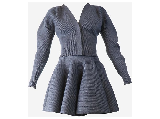 Alaïa Schiefer geripptes Cardigan- und Rock-Set - Größe UK 8 - Ansicht 4