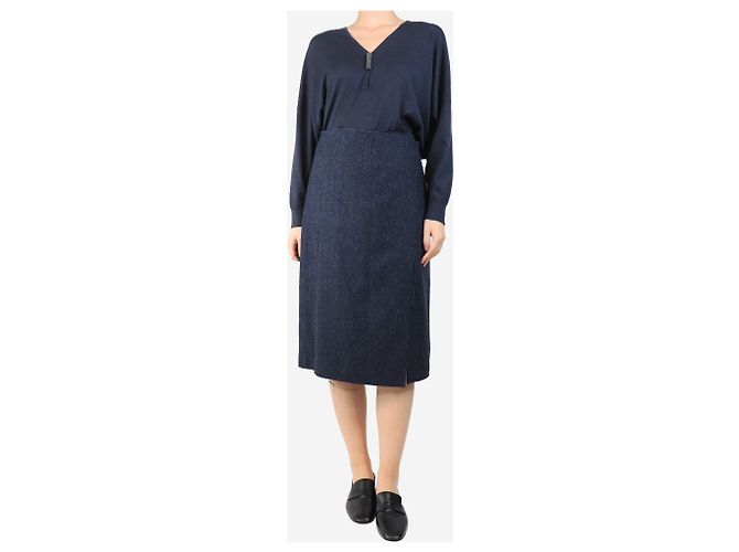 Cédric Charlier Falda midi de lana azul - talla UK 12 - vista 2