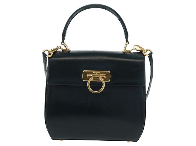 Borsa a mano in pelle Gancini Salvatore Ferragamo 2 in 1 Nero Oro Auth 160846 - vista 13