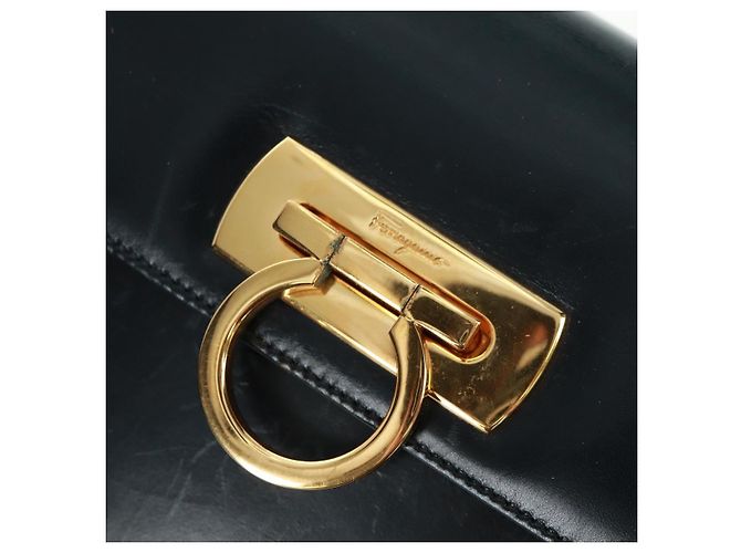 Borsa a mano in pelle Gancini Salvatore Ferragamo 2 in 1 Nero Oro Auth 160846 - vista 22