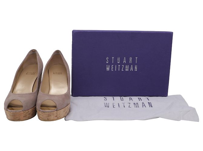 Stuart Weitzman Anna Décolleté Wedge Peep-Toe in Camoscio Marrone Rosso - vista 9