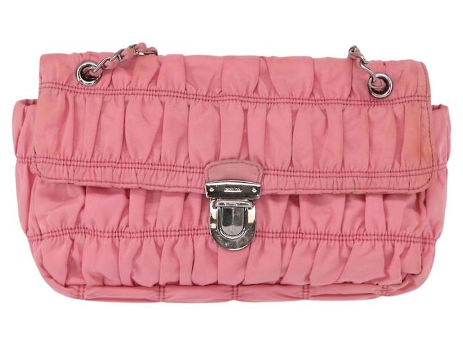 PRADA Borsa a Spalla con Catena Arricciata Nylon Rosa Argento Auth 161419 - vista 13