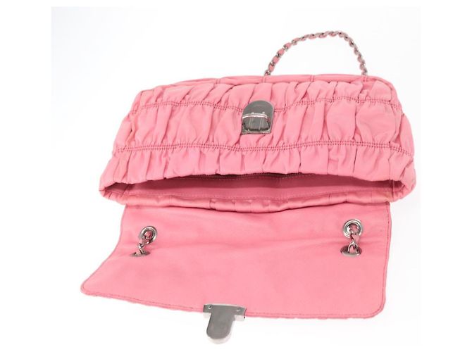 PRADA Borsa a Spalla con Catena Arricciata Nylon Rosa Argento Auth 161419 - vista 18