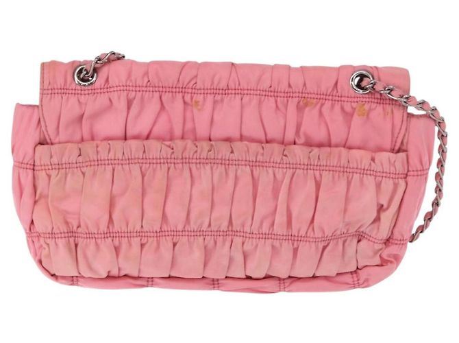 PRADA Borsa a Spalla con Catena Arricciata Nylon Rosa Argento Auth 161419 - vista 2