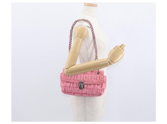 PRADA Borsa a Spalla con Catena Arricciata Nylon Rosa Argento Auth 161419 - vista 24