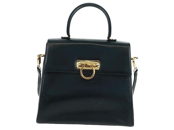 Borsa a mano in pelle Gancini Salvatore Ferragamo 2 in 1 Blu Navy Oro Auth 160979 - vista 13