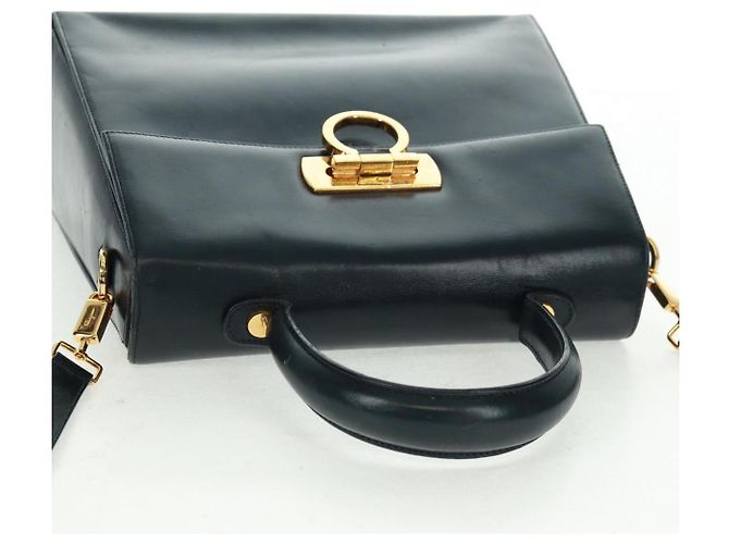 Borsa a mano in pelle Gancini Salvatore Ferragamo 2 in 1 Blu Navy Oro Auth 160979 - vista 14
