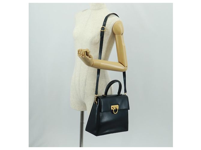 Borsa a mano in pelle Gancini Salvatore Ferragamo 2 in 1 Blu Navy Oro Auth 160979 - vista 29