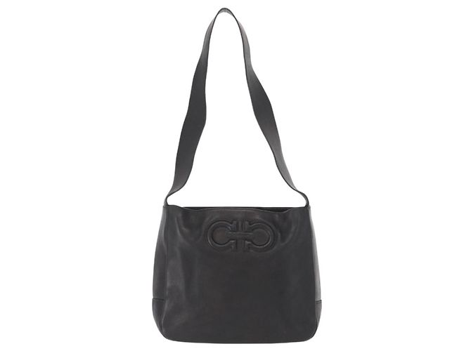 Borsa a Spalla Gancini in Pelle Nera e Oro Salvatore Ferragamo Auth hk3306 Nero D'oro - vista 13