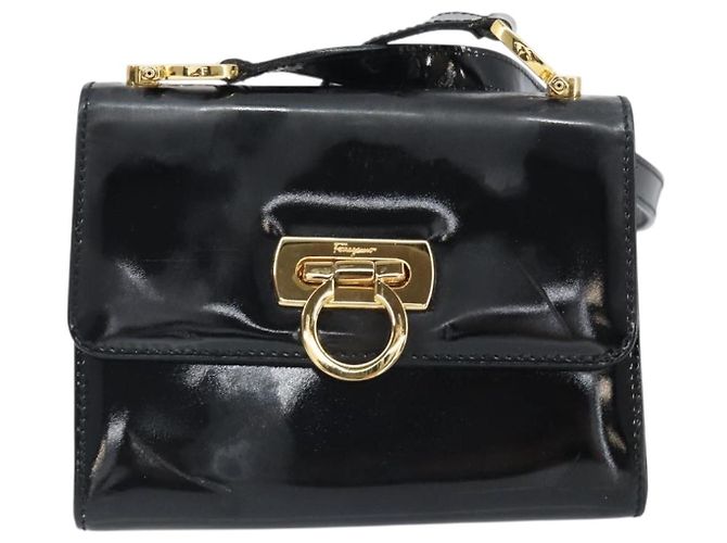 Borsa a spalla Gancini Salvatore Ferragamo in pelle verniciata nera e oro Auth 162253 - vista 13
