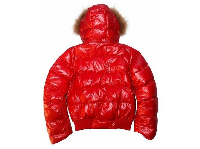 Giacca Piumino Rossa Lucida Moncler con Cappuccio e Pelliccia Rosso - vista 2