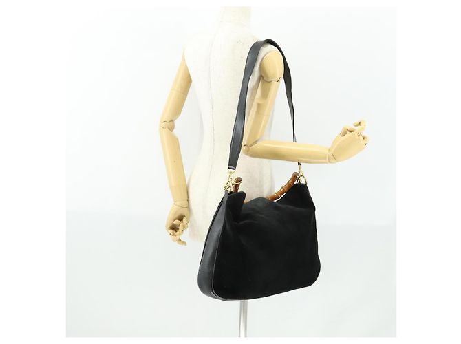 Bamboo Borsa a Mano GUCCI in Camoscio 2 in 1 Nero Oro 001 2404 1638 Auth 158529 D'oro - vista 24