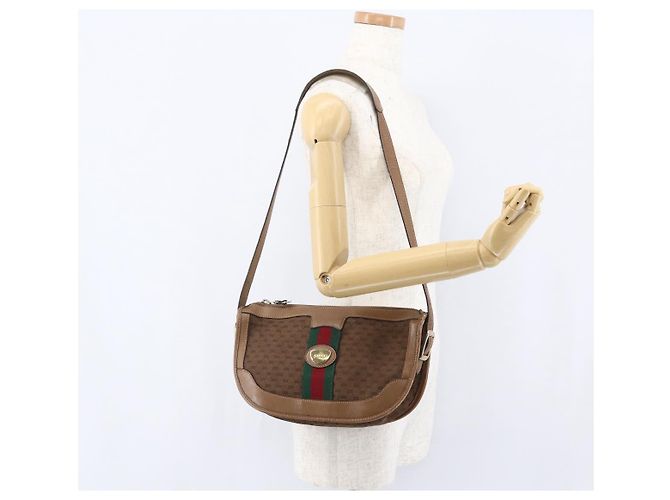 Borsa a Spalla Gucci Micro GG Canvas Web Sherry Line Marrone Oro Rosso Auth 162991 D'oro - vista 21