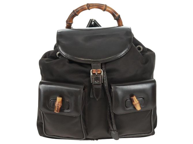 Zaino in nylon marrone e argento GUCCI Bamboo 003 1119 0016 Auth 161351 - vista 13