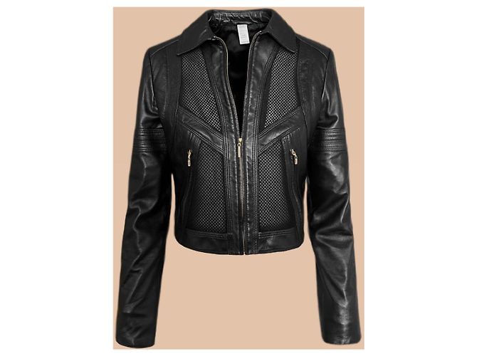 Schwarze Leder-Mesh-Jacke Gianni Versace - Ansicht 6