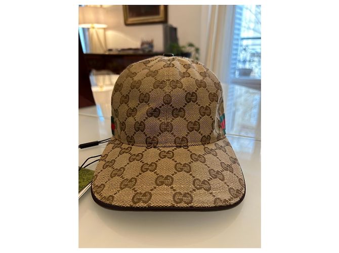 Cappellino Gucci GG Supreme Marrone in Tela e Pelle Beige - vista 5