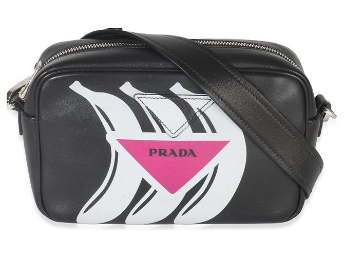 Borsa a tracolla Prada in pelle di vitello nera e rosa con logo Banana Nero - vista 7