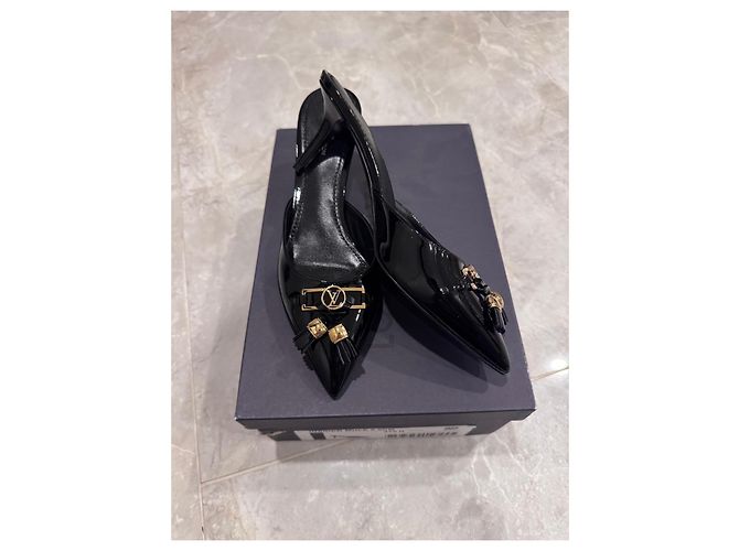 Louis Vuitton Insider Mule Pumps Black Patent Leather with Tassels and LV Logo - view 2