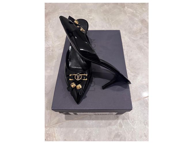 Louis Vuitton Insider Mule Pumps Black Patent Leather with Tassels and LV Logo - view 3