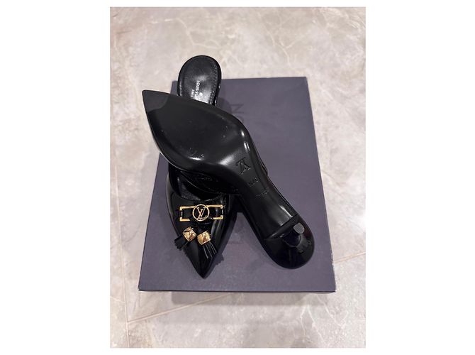Louis Vuitton Insider Mule Pumps Black Patent Leather with Tassels and LV Logo - view 4
