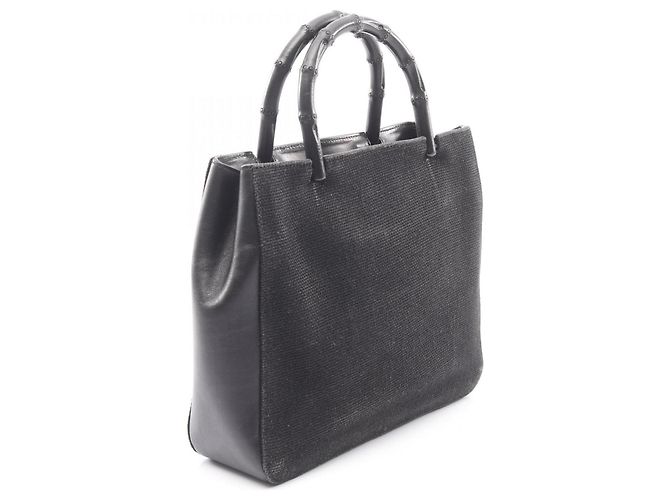 Borsa a mano Gucci Bamboo nera in pelle e tela Nero - vista 2