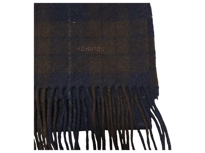 Stola in cashmere a quadri Hermès Marrone Blu navy - vista 4