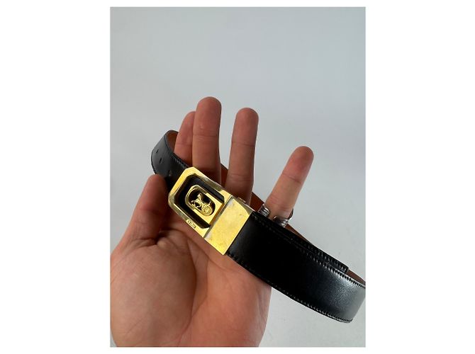 Céline Cintura in pelle vintage Celine Paris con logo carrozza nero e marrone - vista 2